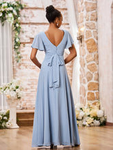 Elegant A-line V-neck Chiffon Long Dresses with Cap Sleeves Dusty Blue