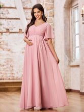 Elegant A-line V-neck Cap Sleeves Empire Chiffon Maxi Dresses Dusty Rose