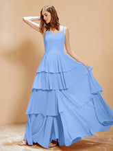 Boho Long Chiffon Gown with Ruffles Blue