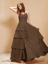 Boho Long Chiffon Gown with Ruffles Brown