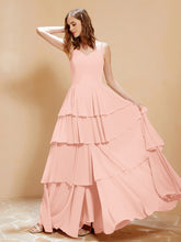 Boho Long Chiffon Gown with Ruffles Coral