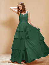 Boho Long Chiffon Gown with Ruffles Dark Green