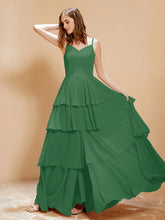Boho Long Chiffon Gown with Ruffles Emerald