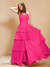 Boho Long Chiffon Gown with Ruffles Fuchsia