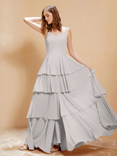 Boho Long Chiffon Gown with Ruffles Silver
