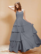 Boho Long Chiffon Gown with Ruffles Steel Grey