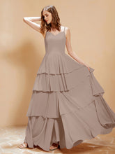 Boho Long Chiffon Gown with Ruffles Taupe
