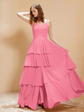 Boho Long Chiffon Gown with Ruffles Watermelon