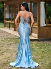 Plunging V-Neck Spaghetti Straps Lace-up Mermaid Dress Sky Blue