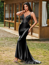 Plunging V-Neck Spaghetti Straps Lace-up Mermaid Dress Black