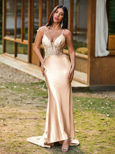 Plunging V-Neck Spaghetti Straps Lace-up Mermaid Dress Champagne
