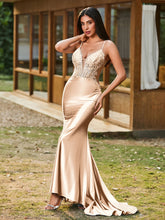 Plunging V-Neck Spaghetti Straps Lace-up Mermaid Dress Champagne