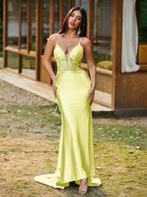 Plunging V-Neck Spaghetti Straps Lace-up Mermaid Dress Daffodil