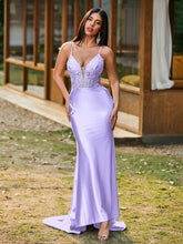 Plunging V-Neck Spaghetti Straps Lace-up Mermaid Dress Lilac