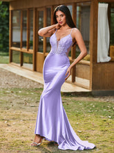 Plunging V-Neck Spaghetti Straps Lace-up Mermaid Dress Lilac