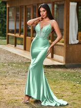 Plunging V-Neck Spaghetti Straps Lace-up Mermaid Dress Mint Green