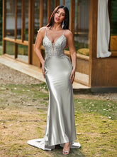 Plunging V-Neck Spaghetti Straps Lace-up Mermaid Dress Silver