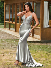 Plunging V-Neck Spaghetti Straps Lace-up Mermaid Dress Silver