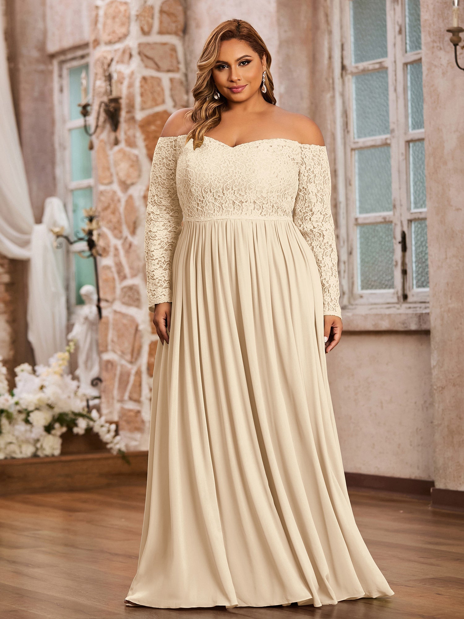 BABARONI Lace Chiffon Champagne Bridesmaid Dresses A-line Sweetheart Long  Sleeve Floor-length – BABARONI UK