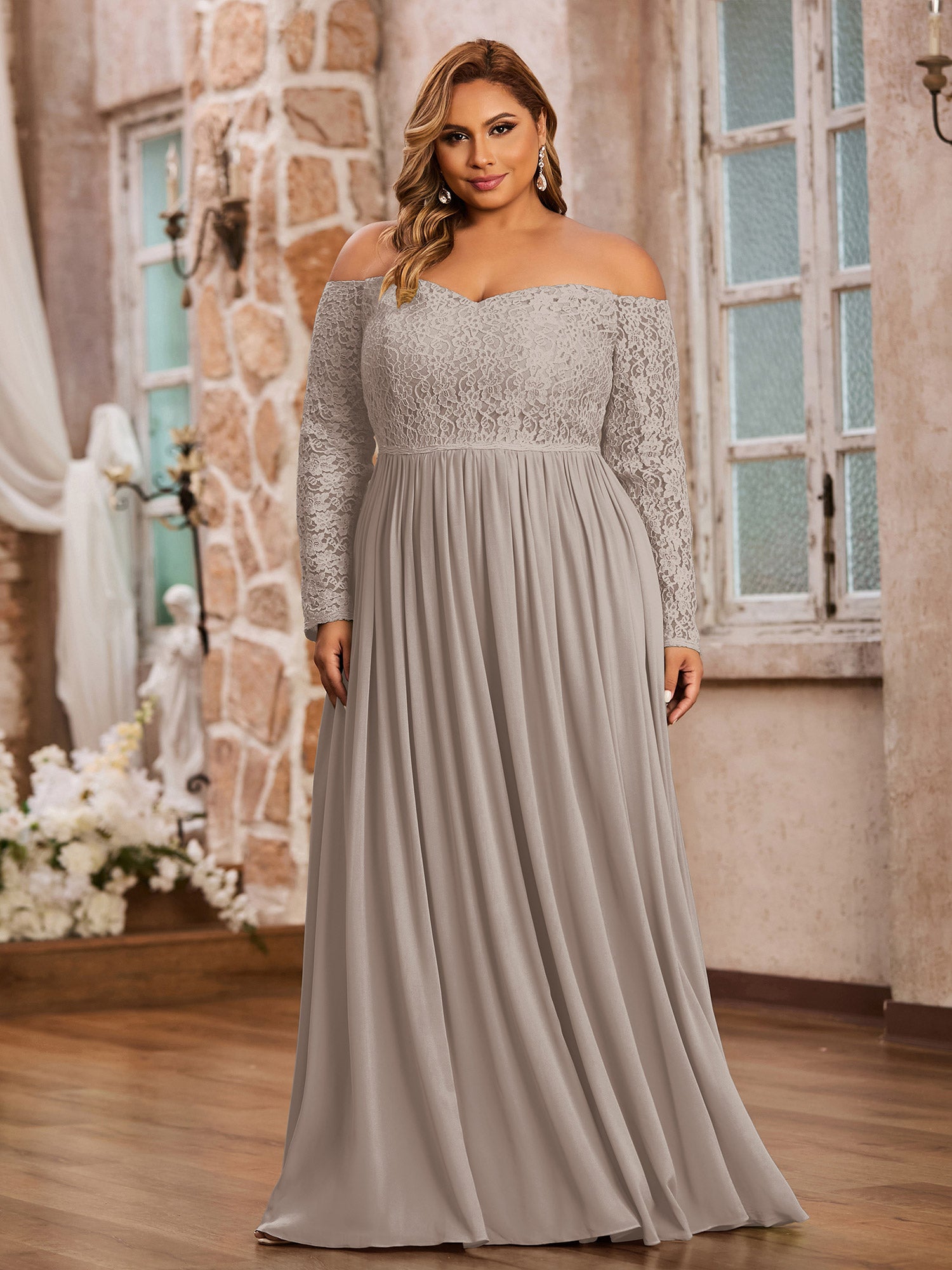 BABARONI Lace Chiffon Taupe Bridesmaid Dresses A-line Sweetheart Long  Sleeve Floor-length – BABARONI UK