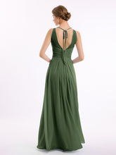 Full Length Chiffon Gowns with Illusion Neck Olive Green