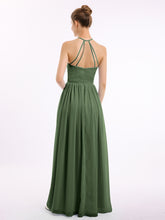 Long Chiffon Simple Dress with Halter Neck Olive Green