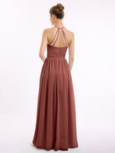 Long Chiffon Simple Dress with Halter Neck Terracotta