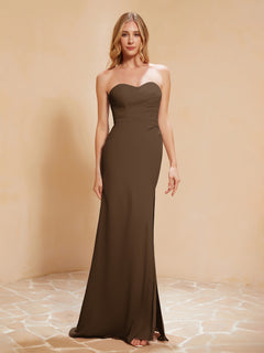 Strapless Long Sheath Chiffon Gown with Slit Brown