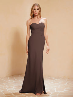 Strapless Long Sheath Chiffon Gown with Slit Chocolate