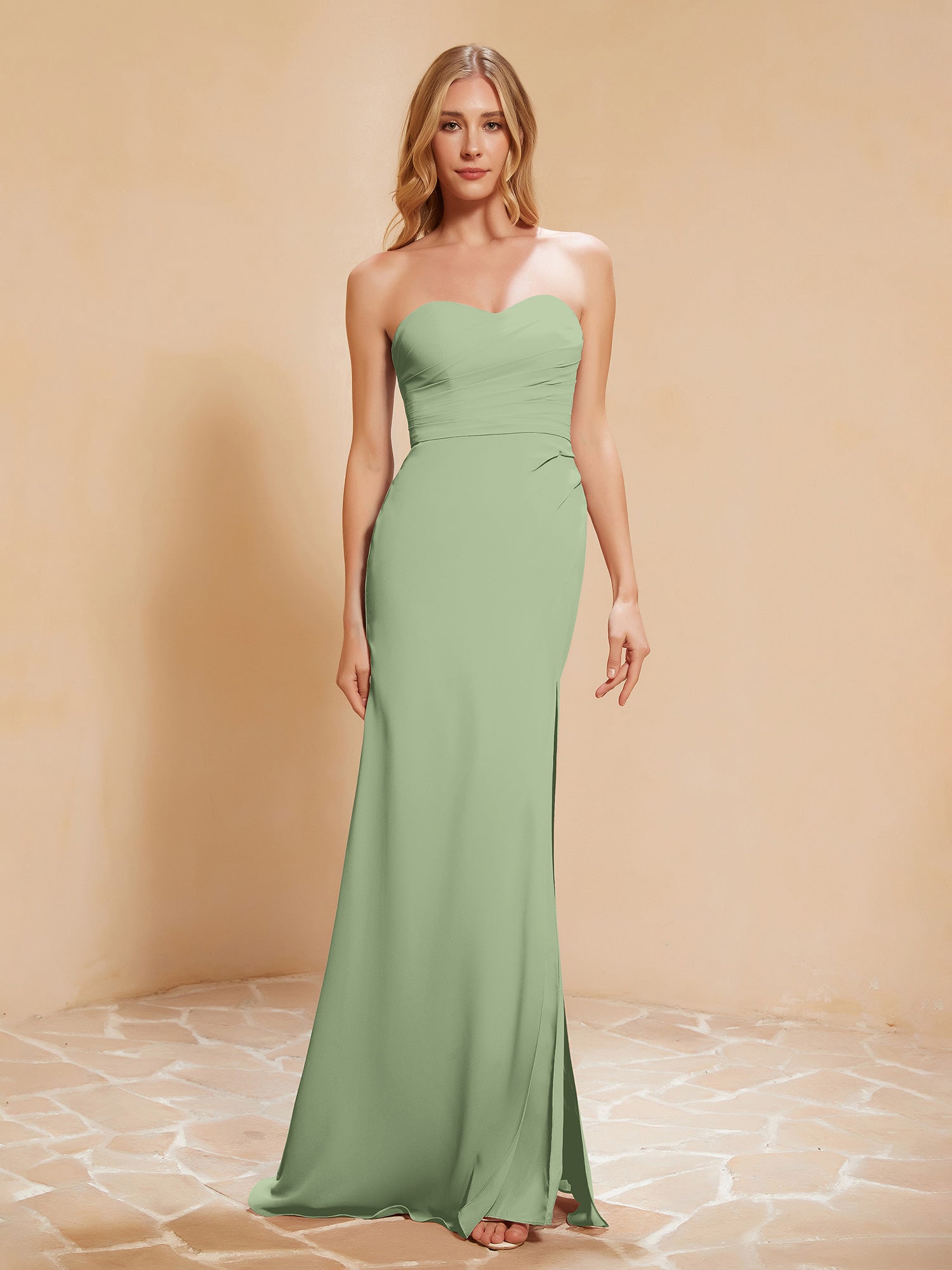 Strapless Long Sheath Chiffon Gown with Slit Ink Blue Plus Size main image 1