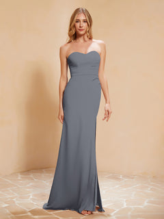 Strapless Long Sheath Chiffon Gown with Slit Steel Grey