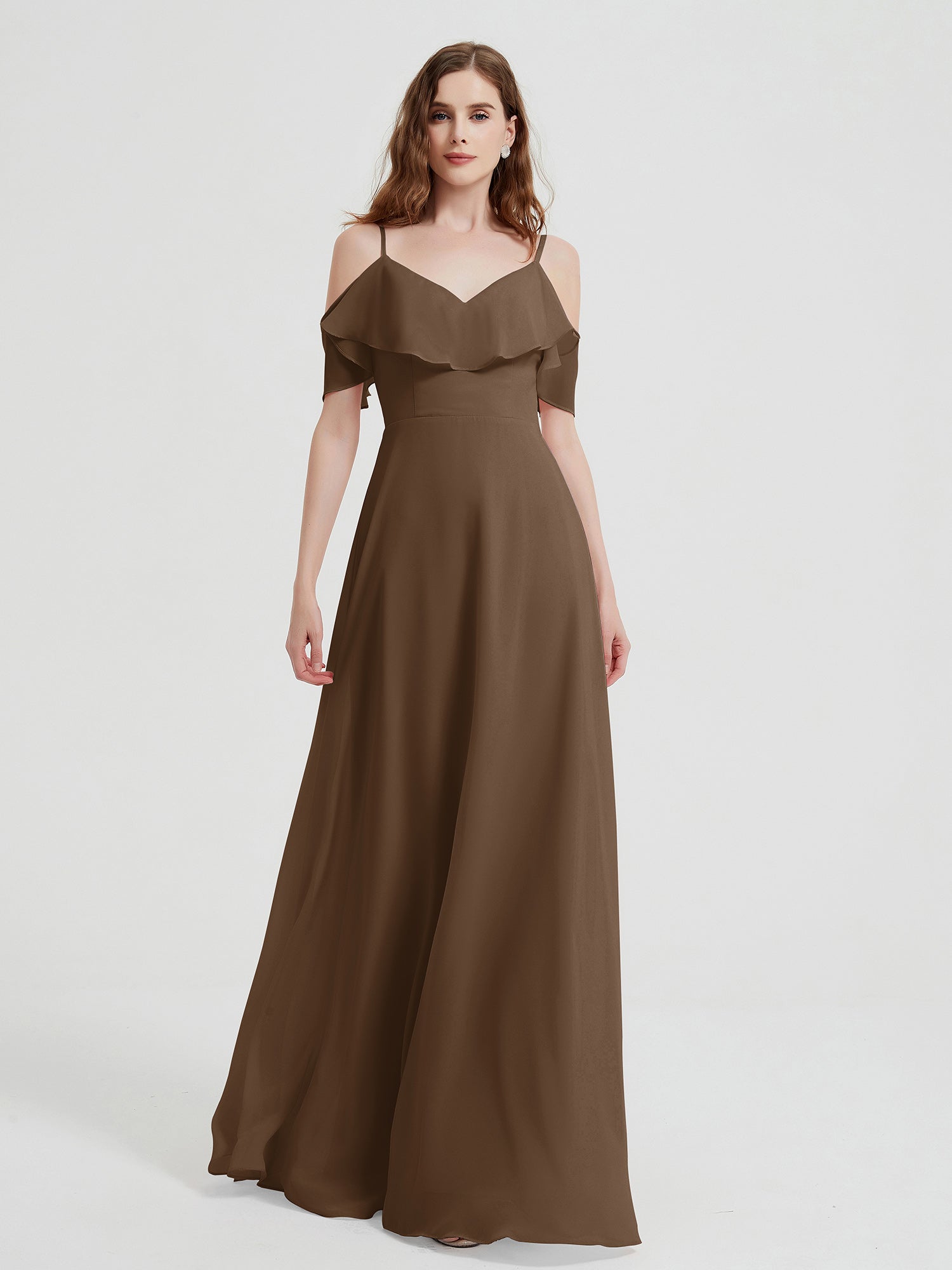 BABARONI Chiffon Brown Bridesmaid Dresses A-line V-neck Spaghetti Straps  Floor-length – BABARONI UK