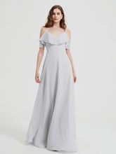 V-neck Chiffon Bridesmaid Dress with Ruffles Silver