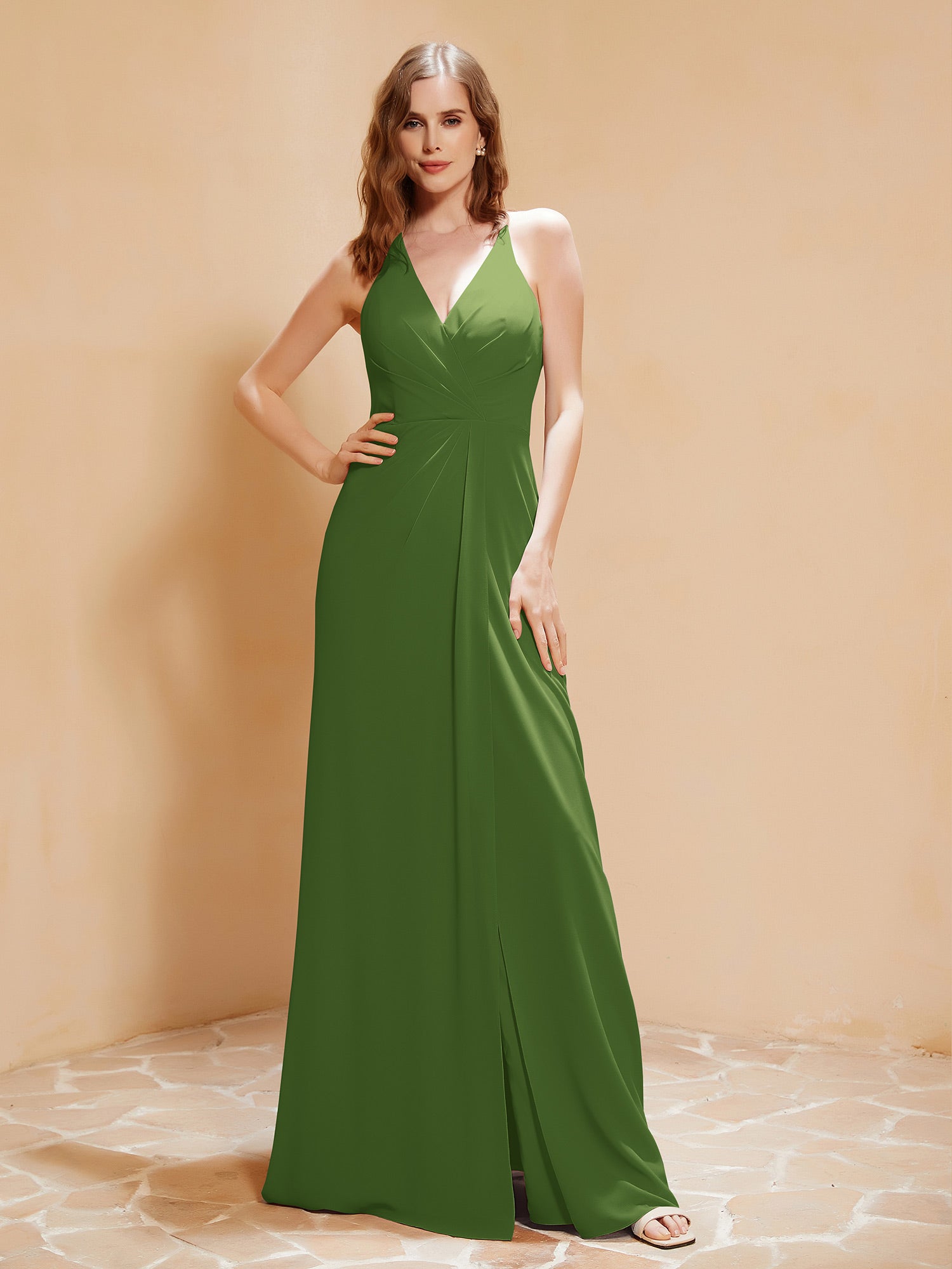 Chiffon Gown with Spaghetti Straps and Cascade Skirt Moss Plus Size