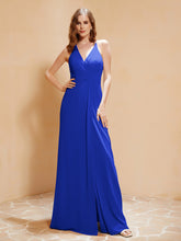 Spaghetti Straps Long Gown with Slit Royal Blue