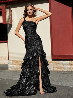 One Shoulder Trumpet Lace Sequin Gown Black
