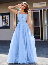 A-line Square Floor length Tulle Prom Dresses Blue