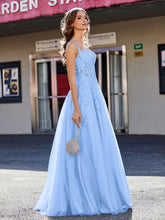 A-line Square Floor length Tulle Prom Dresses Blue