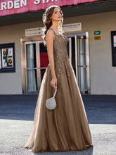 A-line Square Floor length Tulle Prom Dresses Brown
