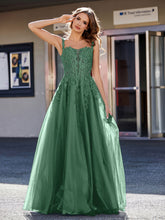 A-line Square Floor length Tulle Prom Dresses Dark Green