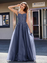 A-line Square Floor length Tulle Prom Dresses Dark Navy