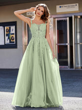 A-line Square Floor length Tulle Prom Dresses Dusty Sage