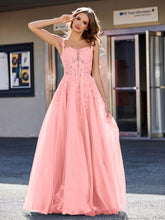 A-line Square Floor length Tulle Prom Dresses Flamingo