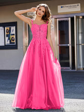 A-line Square Floor length Tulle Prom Dresses Fuchsia