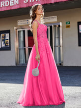 A-line Square Floor length Tulle Prom Dresses Fuchsia