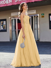 A-line Square Floor length Tulle Prom Dresses Gold