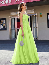 A-line Square Floor length Tulle Prom Dresses Lime Green