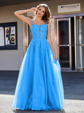 A-line Square Floor length Tulle Prom Dresses Ocean Blue