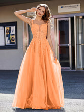 A-line Square Floor length Tulle Prom Dresses Orange