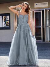 A-line Square Floor length Tulle Prom Dresses Slate Blue